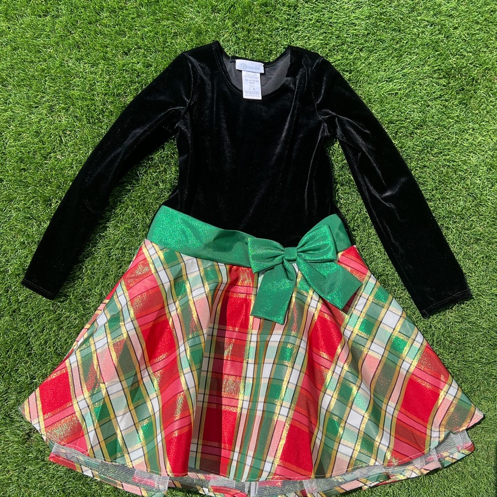 Girls Velvet & Plaid Holiday Dress with Green Bow